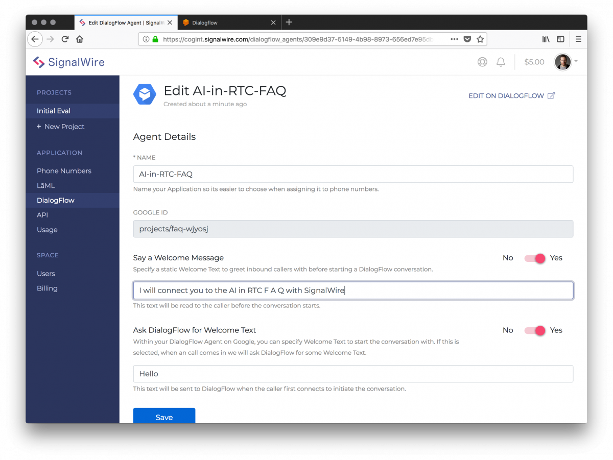 SignalWire's Dialogflow Connector