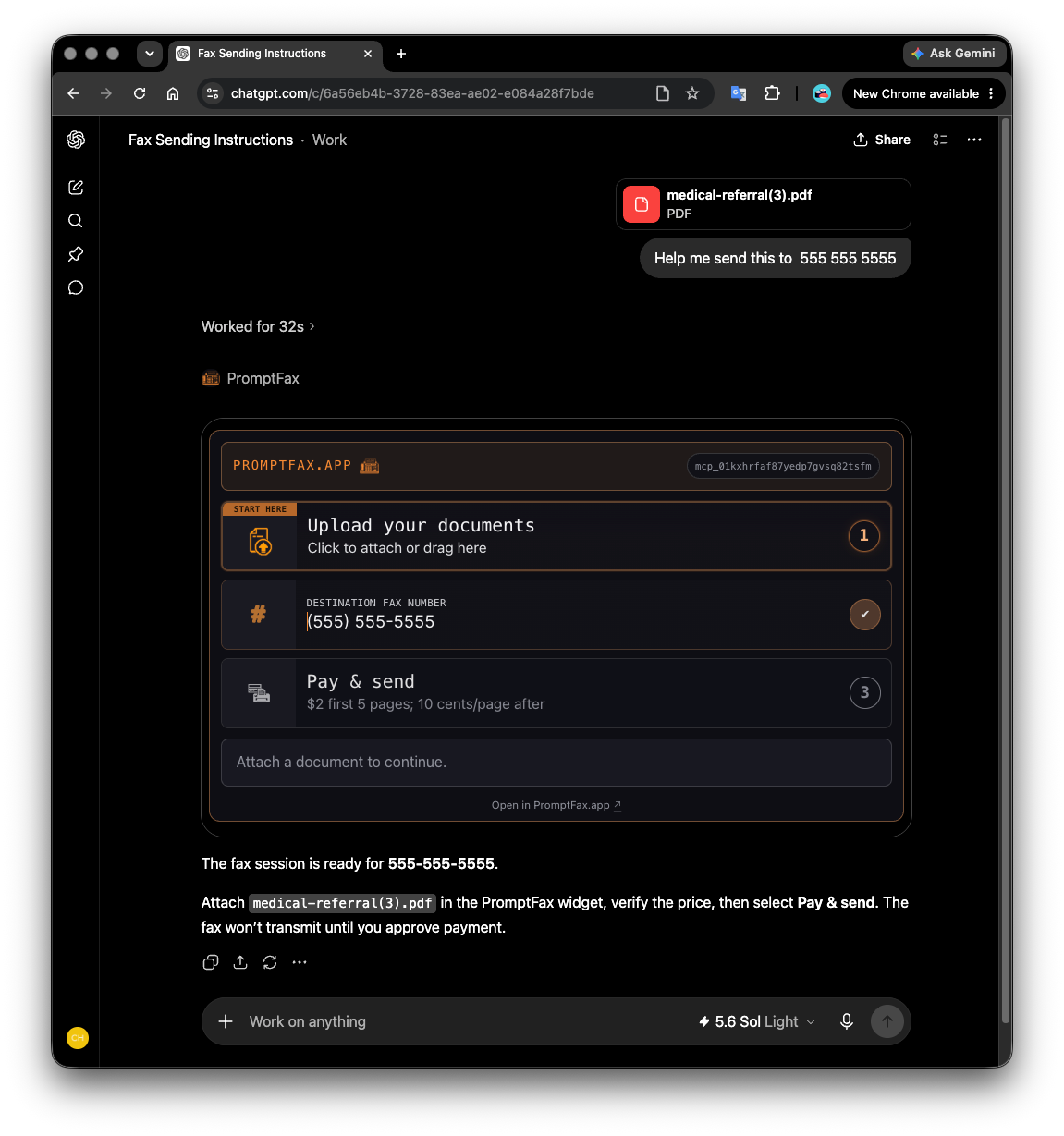 ChatGPT conversation showing a PDF attachment, a fax request, and the embedded PromptFax widget with document upload, destination number, and Pay & send steps.