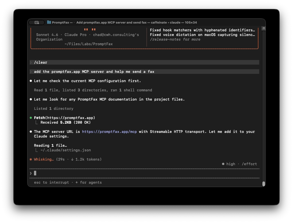 Claude Code terminal locating the PromptFax MCP server at promptfax.app/mcp and preparing to add its Streamable HTTP endpoint to the Claude settings.