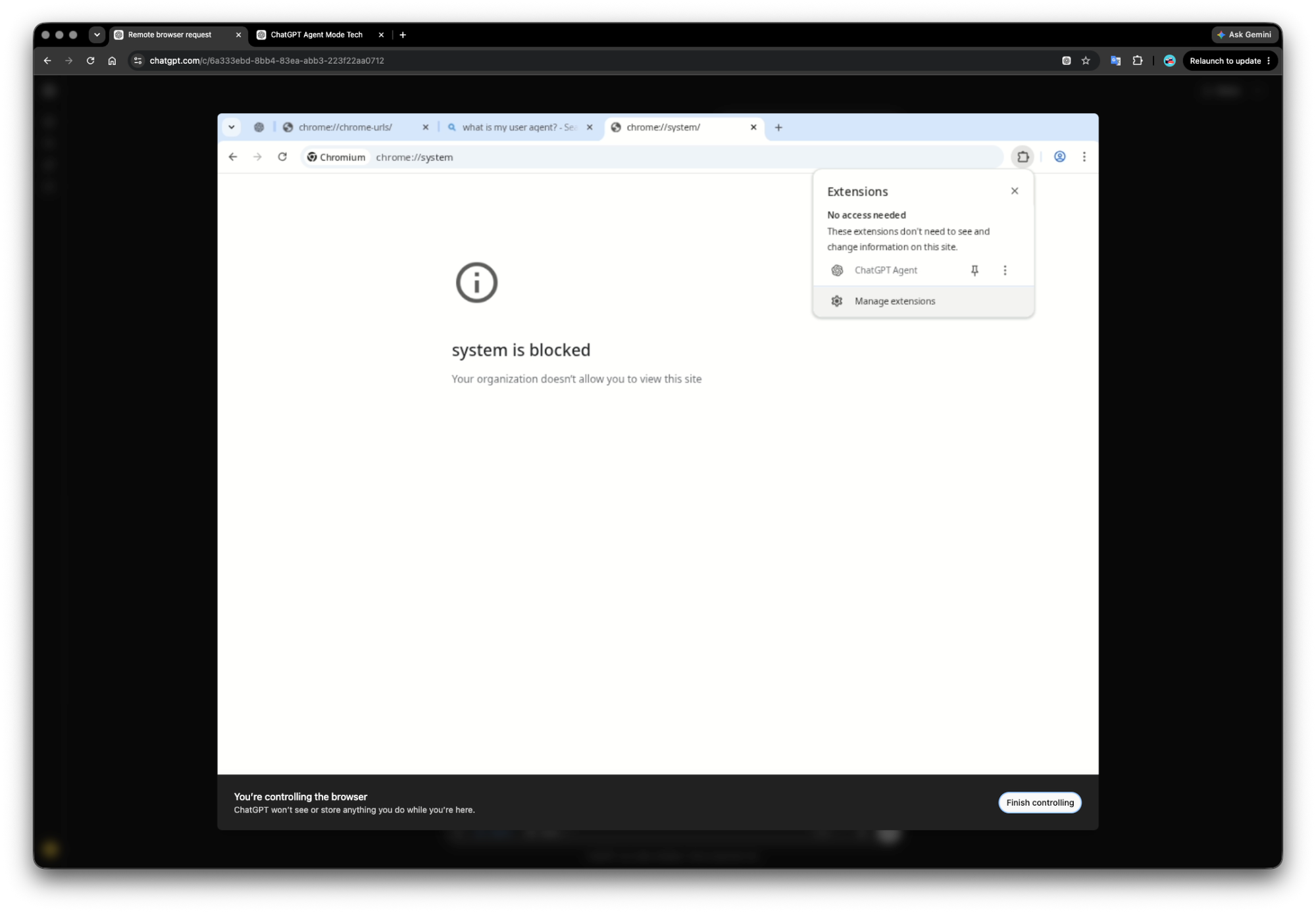 ChatGPT Agent mode showing a hosted Chromium window where chrome://system is blocked by organization policy and the ChatGPT Agent extension reports no access.