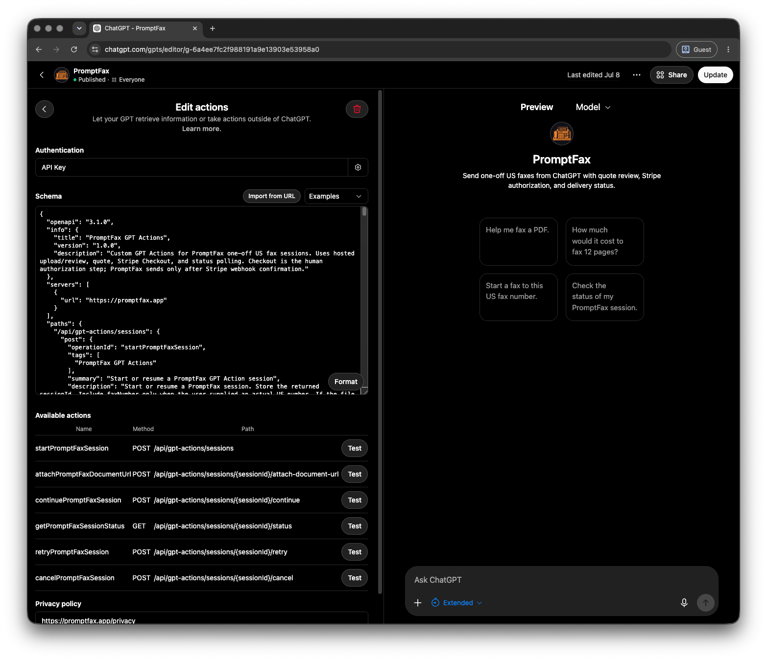 ChatGPT Custom GPT editor for PromptFax showing API-key authentication, an OpenAPI actions schema and endpoints on the left, with the published GPT preview and starter prompts on the right.