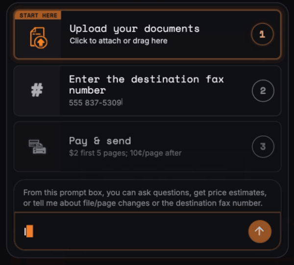 Animated PromptFax interface showing a user asking whether chat is better than the existing controls, followed by the assistant recommending the buttons for uploading, entering a fax number, paying, and sending.